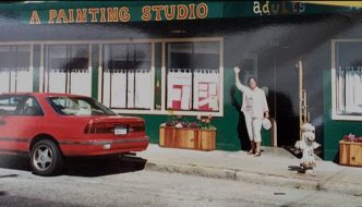 Barbara Kaufman greets painters at studio door